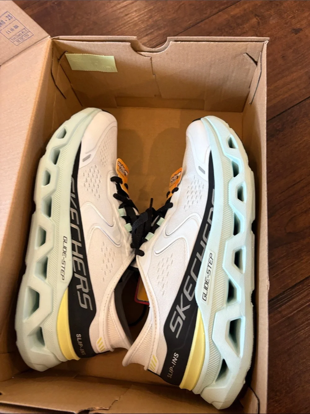 Skechers Glide step Kids White Sneakers with Black, Mint and Yellow Accents